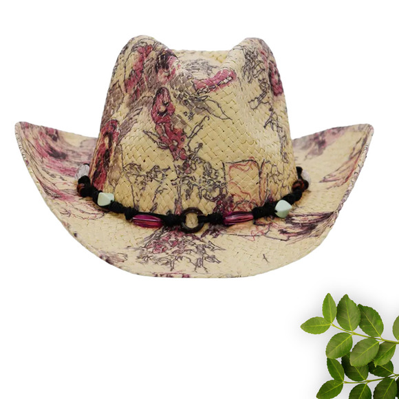Floral Print Natural Straw Cowboy Hat Lavender-and Green-Festival - Picture 1 of 17
